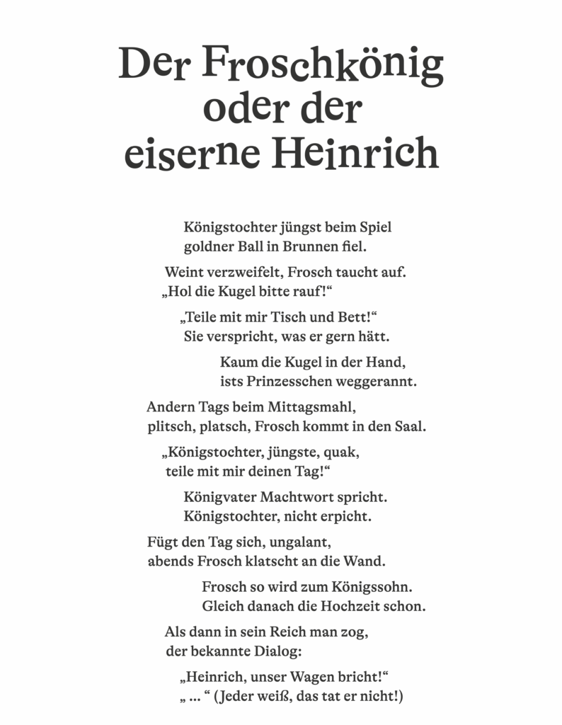 Text der Märchenverdichtung Der Froschkönig oder der eiserne Heinrich von Michael Hüttenberger